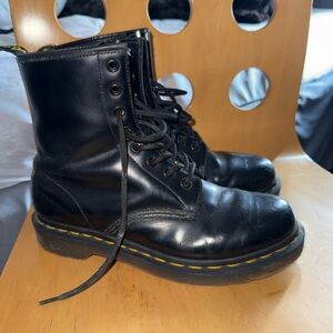 Dr. Martens Black Leather Boots with Yellow Stitching